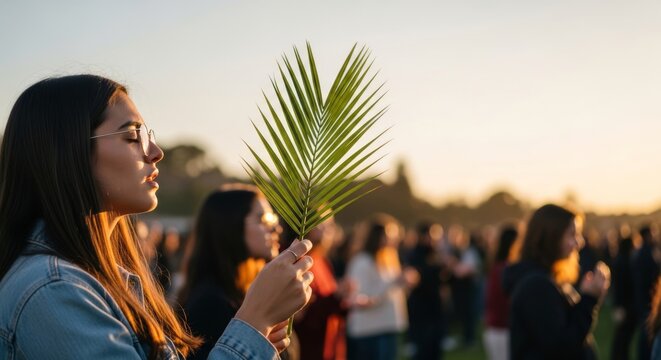 Young woman holding palm branch with eyes closed, observing palm sunday with people in background at sunset