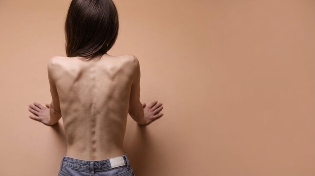 Against a neutral beige background, the spine and ribs of a very underweight individual are clearly visible, highlighting issues of health, malnutrition, and body image.