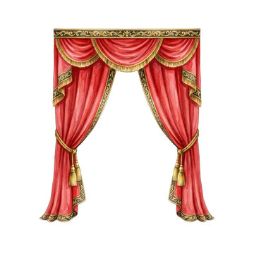 Watercolor red luxury theater curtains with gold tassels