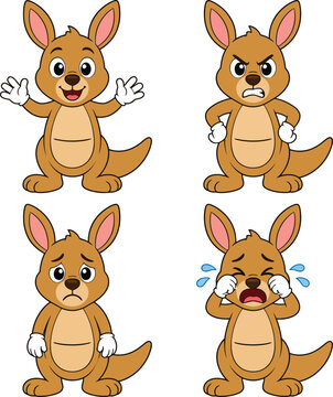 Cute Kangaroo Cartoon Characters Set for Kids.