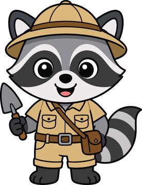 Cute Raccoon Explorer Cartoon Character in Safari Outfit.