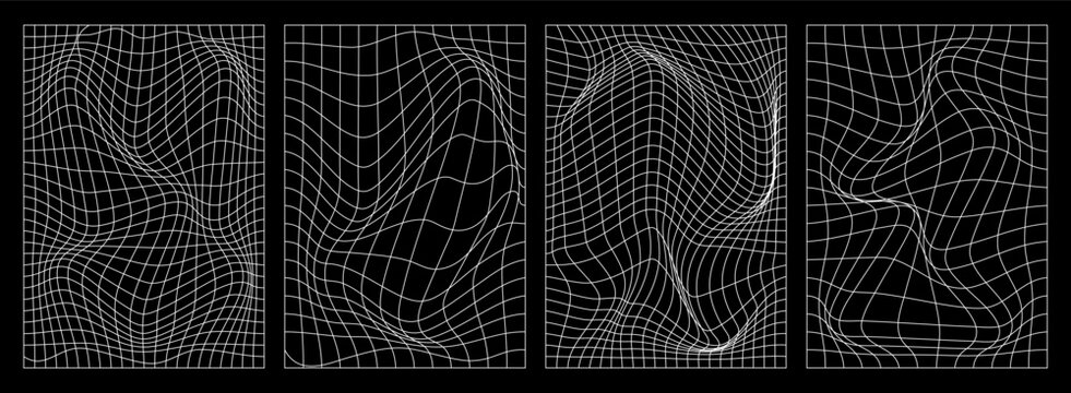 Trendy Wireframe Grid Curved Background Vector set Y2k Geometric Pattern Retro Futuristic Style Design Digital Art Modern Mesh Textures Perspective lines Web Cyberpunk aesthetic Poster Editable stroke