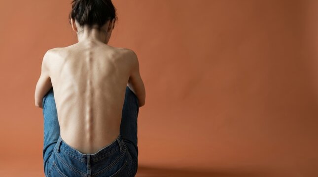 Against a neutral beige background, the spine and ribs of a very underweight individual are clearly visible, highlighting issues of health, malnutrition, and body image.