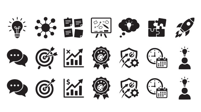 Business icons, 20 black vector graphics, strategy symbols, management illustrations, company signs