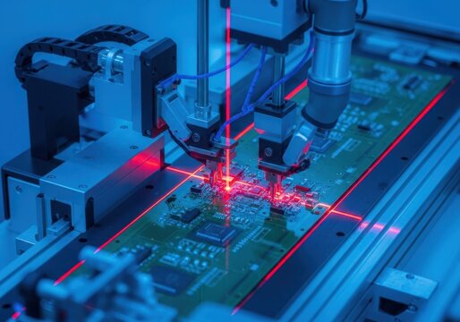 Automated robotic arm manufacturing circuit board with laser