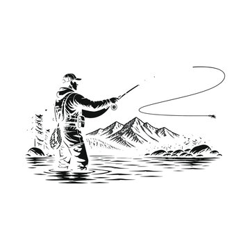 Fisherman Casting Line Near Mountain Lake Scene.