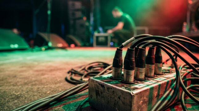 XLR audio cables connected to stage box on glowing green concert stage with blurred band in background