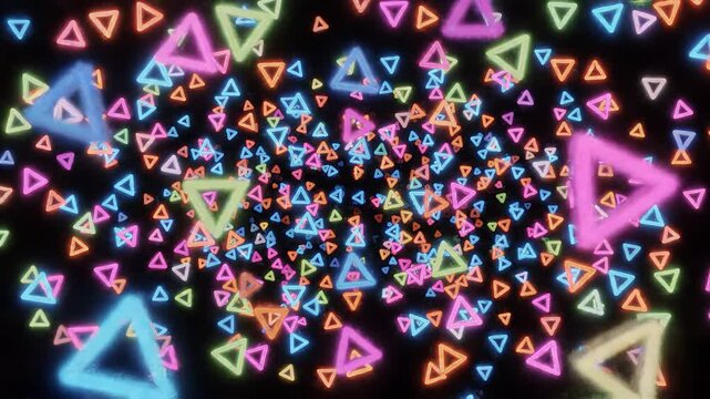 Vibrant neon triangles in various colors on a black background