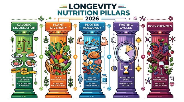Nutrition pillars for longevity and healthy aging infographic