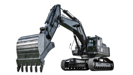 Heavy duty dark grey excavator with large metal bucket, isolated on transparent background © Sorin