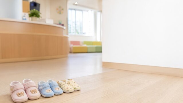 子供用の靴と医療施設の入口、子供対策がされてるクリックのイメージ
