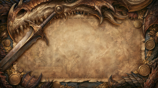 An ancient dragon-themed parchment backdrop for a fantasy RPG game.