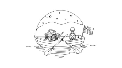 Fototapeta premium Rowboat with Picnic Basket, Lantern, and Flag Under Starry Night Sky