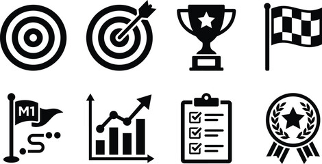 Fototapeta premium Business performance and goal achievement flat vector icon set design