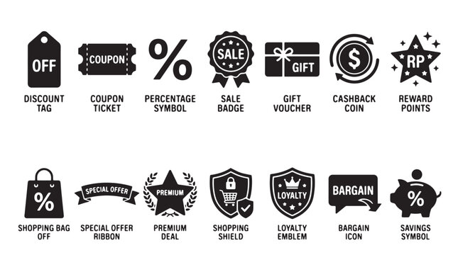 Discount icons, sale labels, promotional badges, shopping symbols, vector set