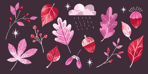 Vector illustration of autumn leaves set with acorns and rainy cloud. Scandinavian style textured foliage clipart collection on dark background. © MariAshma