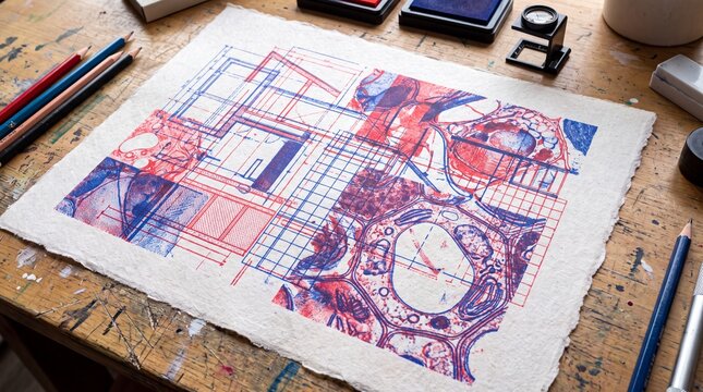Risograph print mashup of architectural blueprints and organic cells on a design studio table