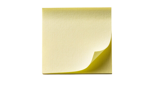Yellow sticky note with curled corner, isolated on transparent background