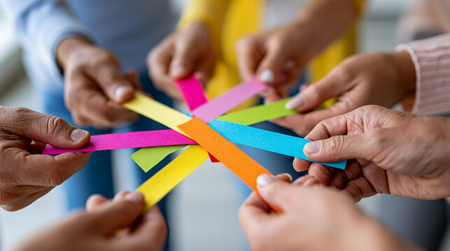 Group of diverse people holding colorful paper strips together in circle representing community connection and shared goals, unity concept, community photography, blurred neutral