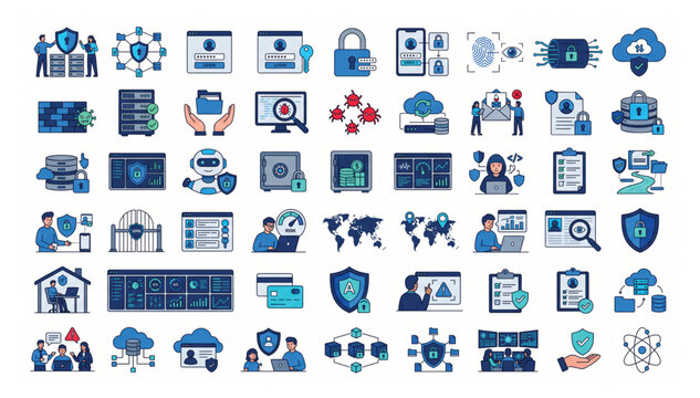 Collection of digital security and network protection vector icons illustrating cyber safety concepts with cybersecurity protection security technology information encryption password