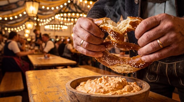 Hands breaking steaming soft pretzel with obatzda dip in festive oktoberfest tent