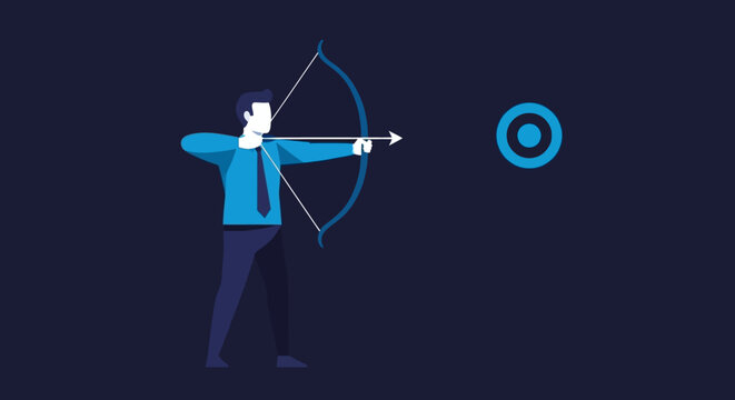 Illustration of archer aiming at target with bow.