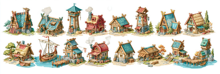 Naklejka premium A vibrant collection of whimsical fantasy buildings and a charming boat.