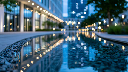 Fototapeta premium Modern building with bright lights reflecting on water surface in city square during night time, urban architecture concept, nighttime city photography, blurred water reflection