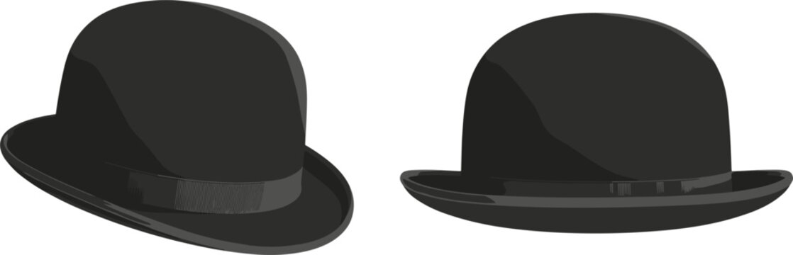 Black bowler hat vector illustration, gentleman classic vintage fedora front side view isolated graphic design