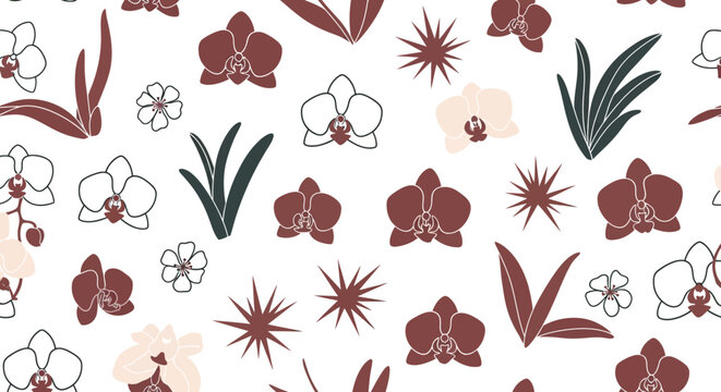 Assorted Orchid and Tropical Leaf Illustrations.
