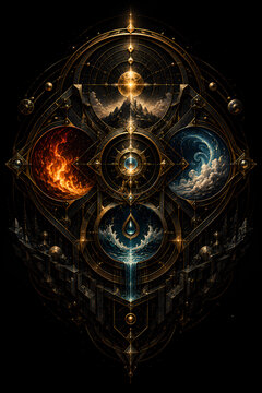 Cosmic Alchemy Emblem with Four Elemental Realms, Celestial Geometry, Floating Mountain, Golden Astronomical Architecture and Futuristic Fantasy Design