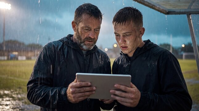 Football coach and player study tactics on a tablet in heavy rain at night