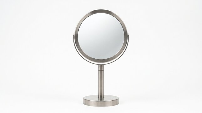 Round metal vanity makeup mirror isolated on white background