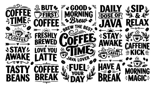 Coffee Typographic Lettering Collage with Various Coffee-Related Phrases and Designs Featuring Typography, Design, Brew with Java