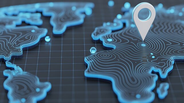 High-tech digital topographic map with glowing data points, GPS markers, and geospatial analytics. Technology big data and geospatial concepts. Future abstract background 3d Rendering 