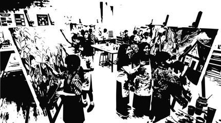 Fototapeta premium Children painting in art class, creating artwork on canvas with easels and paints