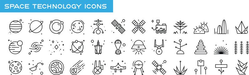 Space technology icon set in outline style. Collection of rocket, satellite, planet, astronomy, alien, and spaceship icons. Editable stroke. Vector icon collection. © AKS Studio