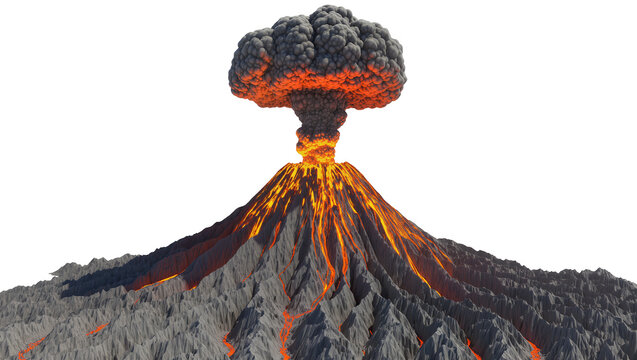 Volcano eruption with lava flow and ash cloud