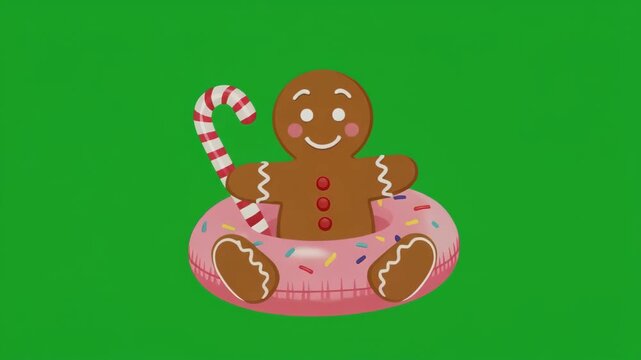 Gingerbread man on donut float moving in festive holiday scene with candy cane