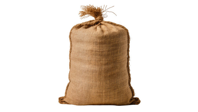 Full burlap sack tied with rope, isolated on transparent background