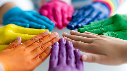 Fototapeta premium Circular arrangement of multiple human hands painted in various bright colors reaching toward center against white background representing global unity, diversity concept,
