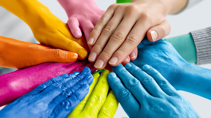 Fototapeta premium Circular arrangement of multiple human hands painted in various bright colors reaching toward center against white background representing global unity, diversity concept,