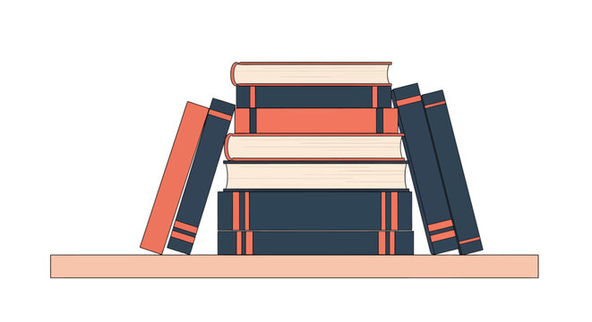 Stack Of Colorful Hardcover Books On Wooden Shelf.