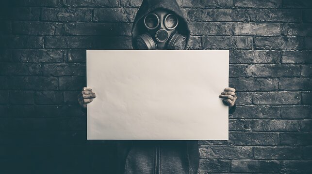 Person in gas mask holding a blank sign against a brick wall