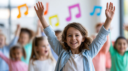 Fototapeta premium Faceless volunteer leading children in joyful song with musical note icons floating in minimalist community center with bright pastel colors, youth activity concept, community