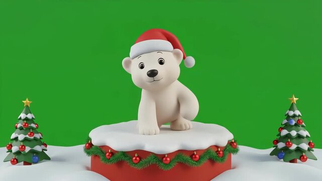 Playful polar bear in Santa hat dances on festive snowdrift with Christmas trees