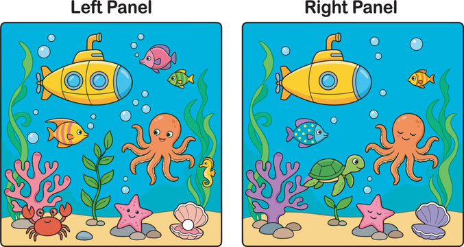 Spot the difference game vector illustration background with underwater cartoon submarine fish octopus turtle sea creatures for kids activity page