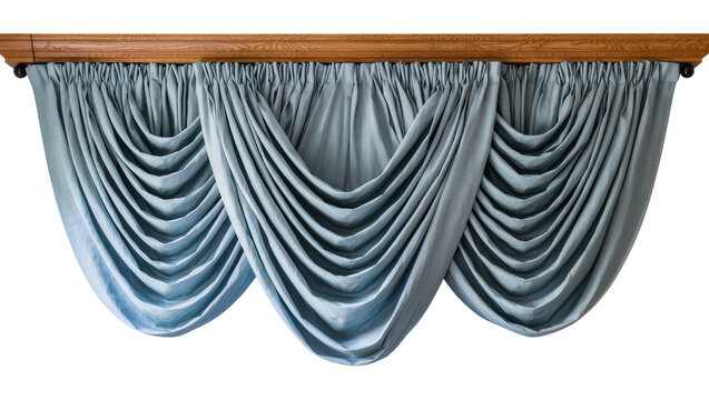 Light blue draped fabric valance with wooden rod, isolated on transparent background