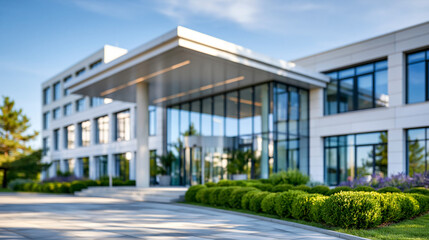 Fototapeta premium Clean-lined modern healthcare centre with glass door expansive windows light-colored facade and trimmed hedges in sunlight, minimalist medical facility concept, healthcare