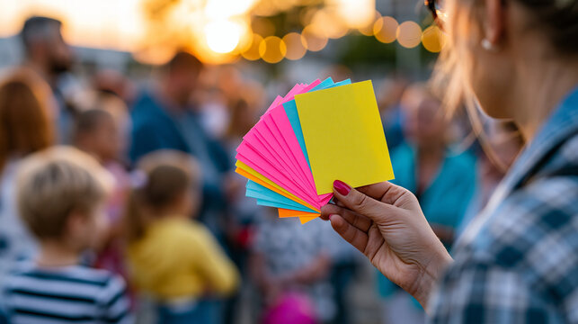Warm golden hour portrait of faceless entertainer using bright cards to engage group of families near renovated community center, candid social interaction concept, community